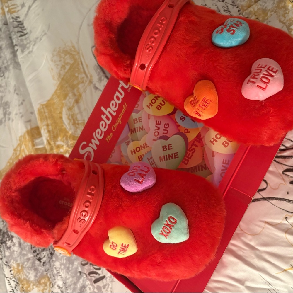 CROCS Red Fuzzy Clogs with Heart Accents